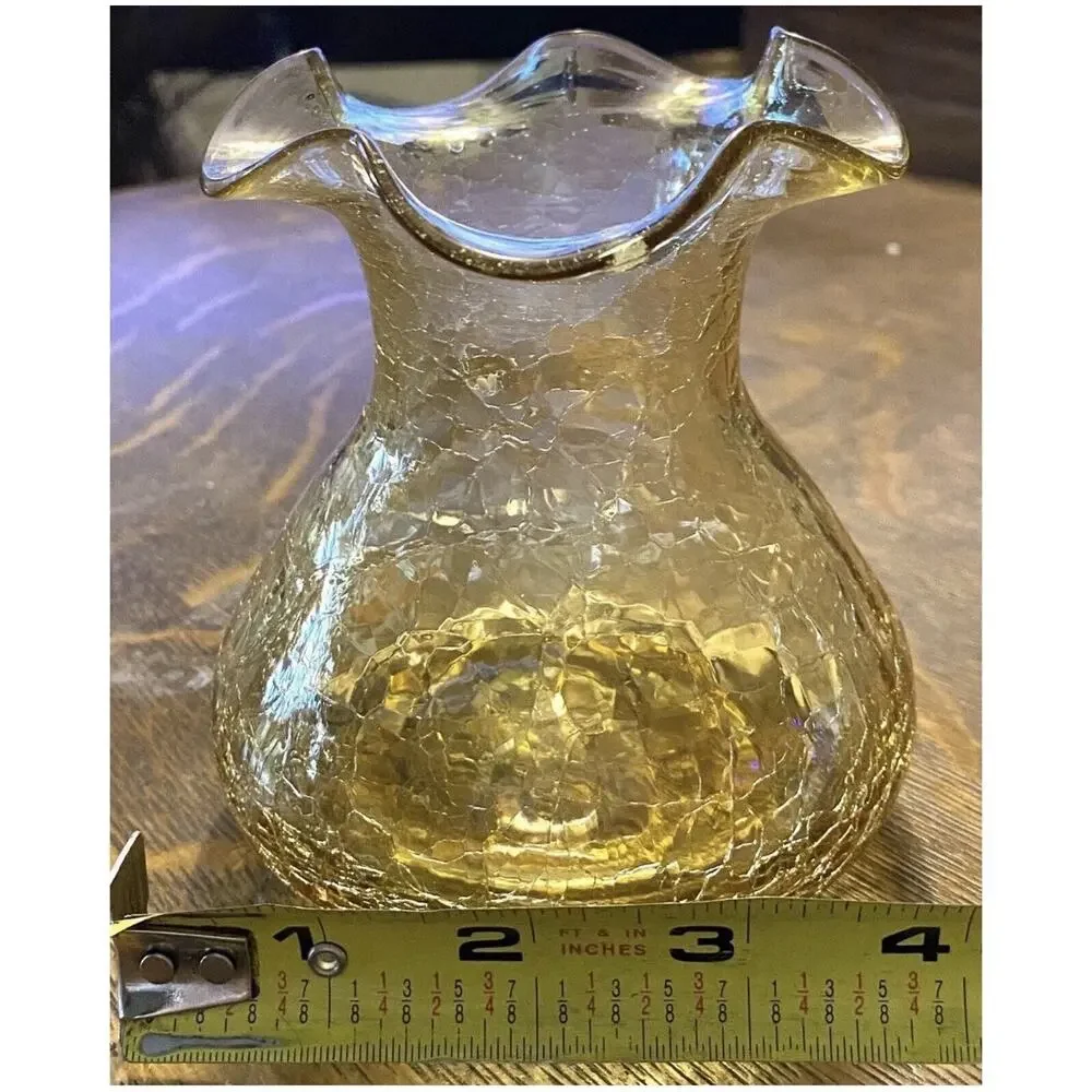 Vintage Hand Blown Amber Crackle Glass Vase Ruffled Rim MCM 4 1/2” Tall